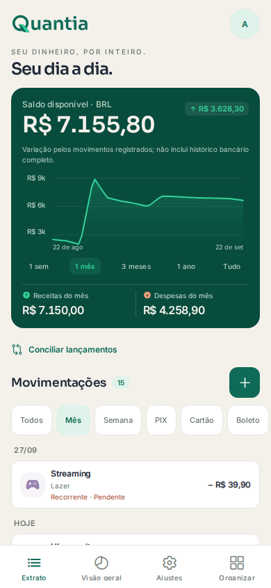 Extrato do app Quantia com saldo, gráfico e movimentações de demonstração